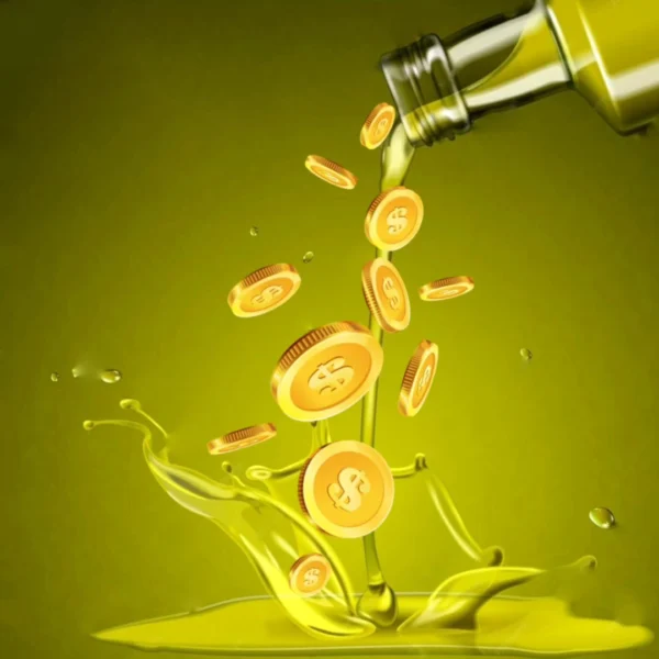 Image of oil pouring from a bottle and transforming into golden coins, symbolizing EcoFry’s ability to clean cooking oil and save money for restaurant kitchens.